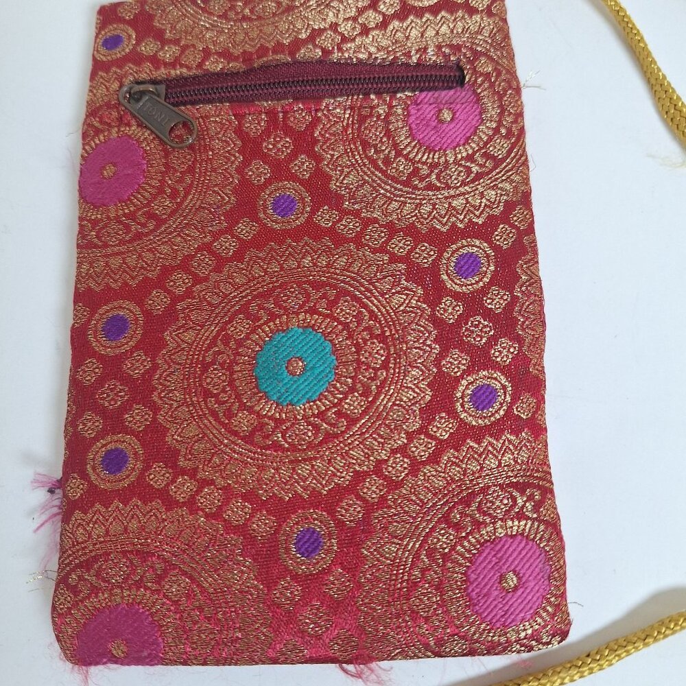 Red & Gold Brocade Crossbody Pouch With Zip Closure & Long Braided Strap - Picture 3 of 5